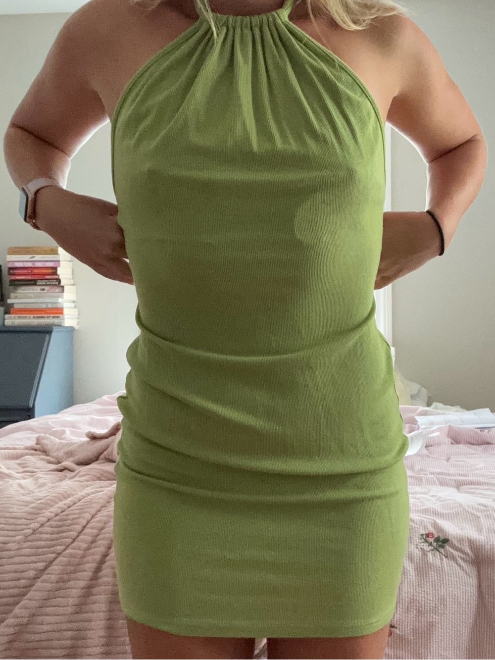 Princess Polly Light Olive Ribbed Mini Dress with Halter